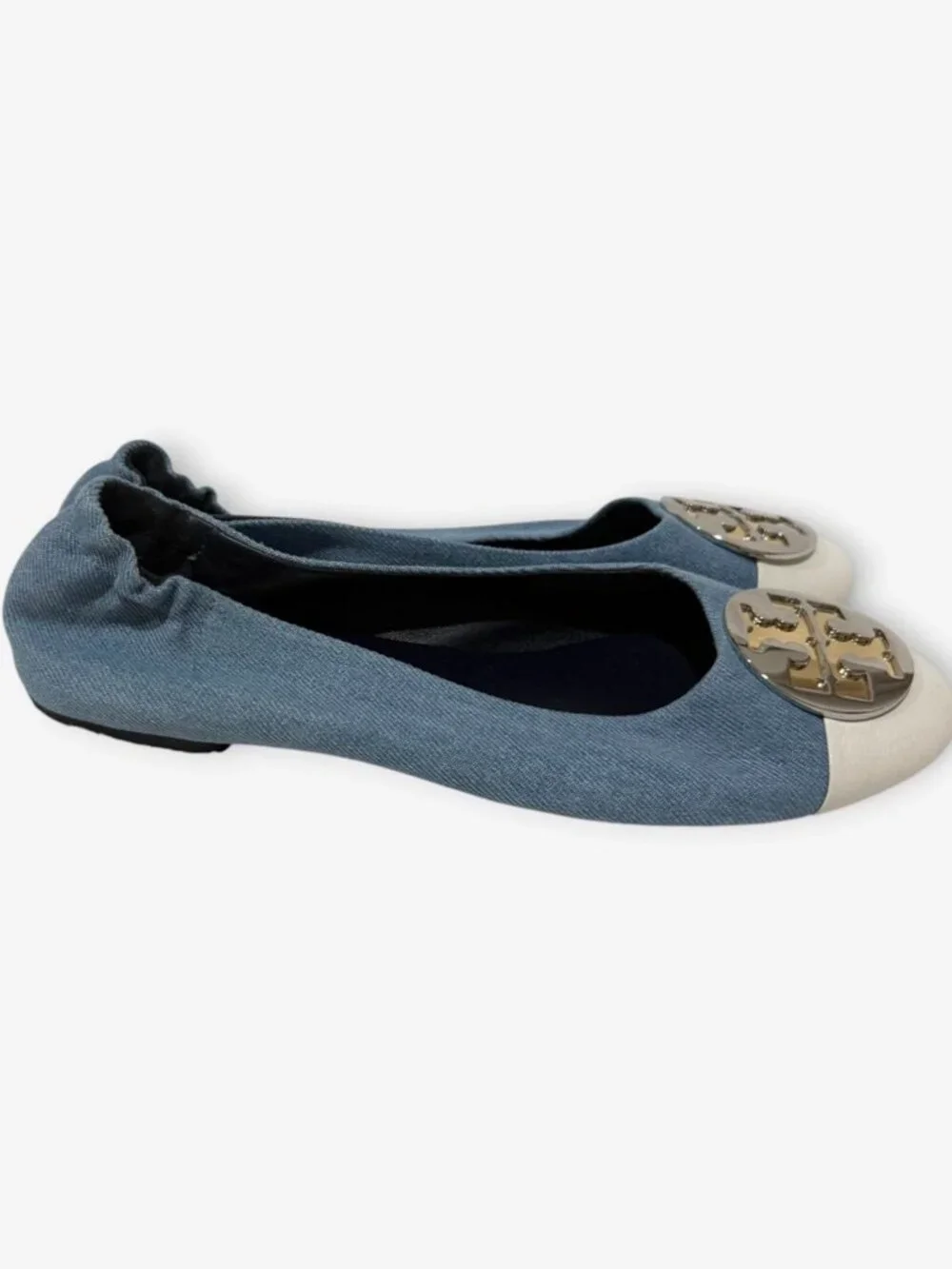 Tory Burch Claire Denim and Leather Cap-Toe Ballet Flats Size 10